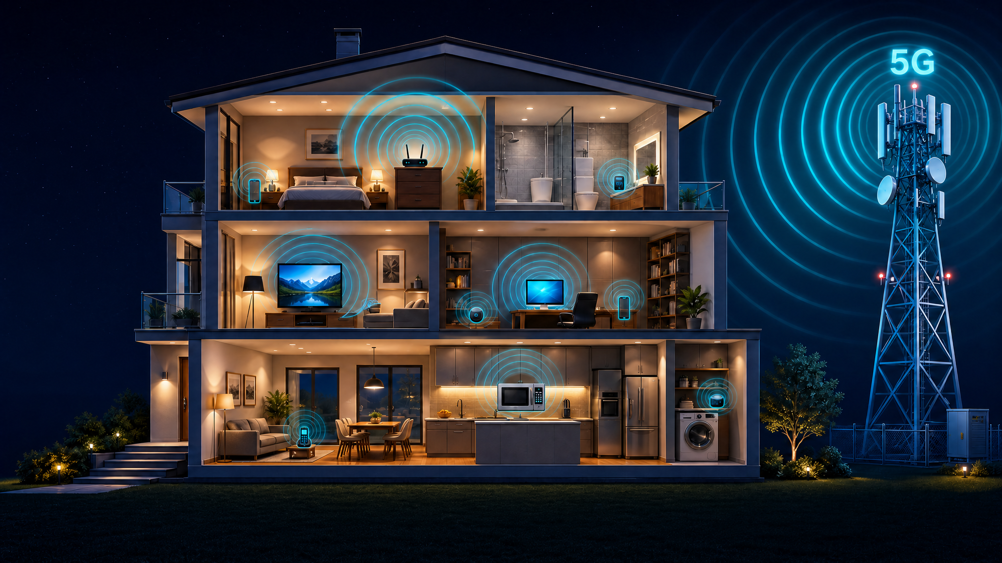 Cross-section of a house showing EMF radiation from devices and a nearby cell tower